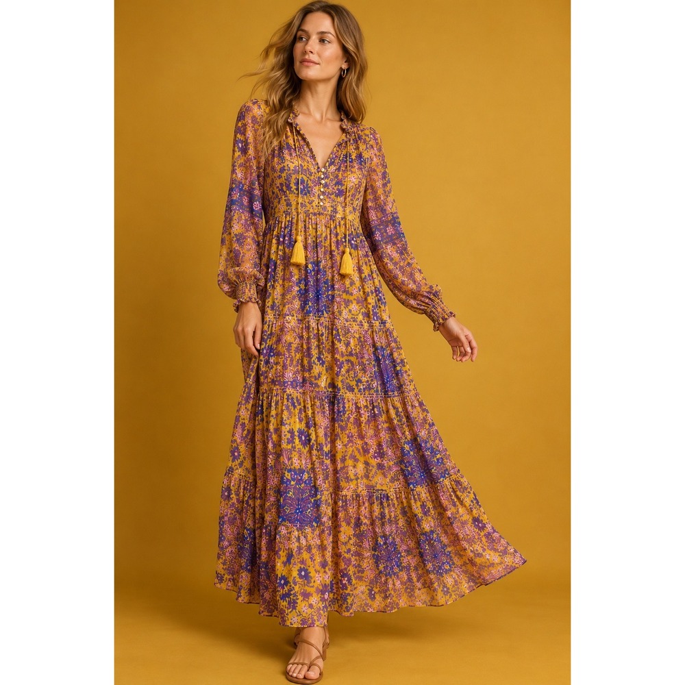 Anthropologie Yellow Purple Floral Paisley Tiered Boho Maxi Dress XXS